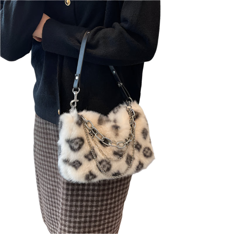 Winter Plush Bags Chain Shoulder Bag Women Flowers Print Handbags