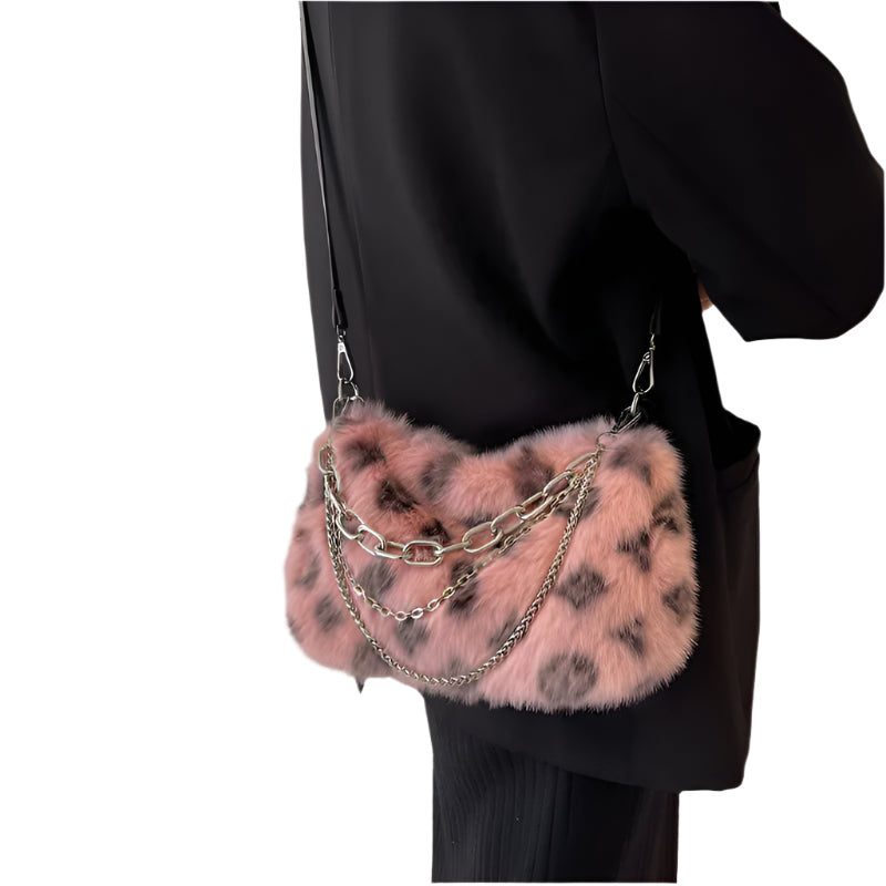 Winter Plush Bags Chain Shoulder Bag Women Flowers Print Handbags