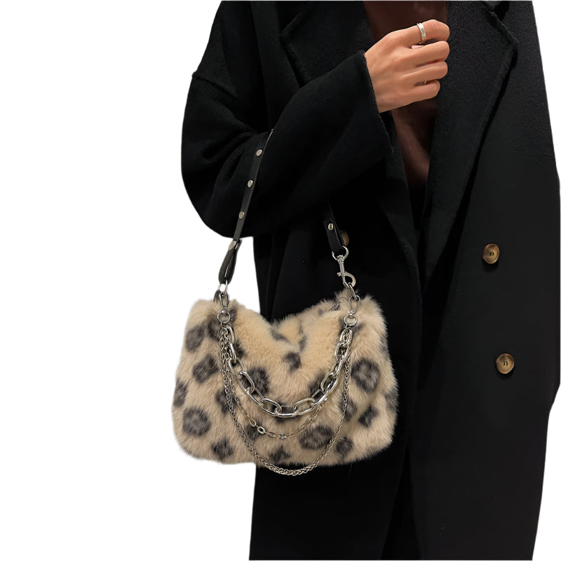 Winter Plush Bags Chain Shoulder Bag Women Flowers Print Handbags